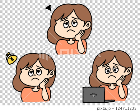困り果てた女性のイラストセット 困り果てた女性のイラストセット 124711235