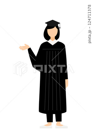 卒業ガウンを着て角帽をかぶったアジア人の女子卒業生が話しているシンプルなイラスト 124711378