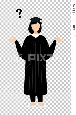 一位身穿畢業服、頭戴學位帽的亞洲女畢業生正在提問的簡單插圖 124711379
