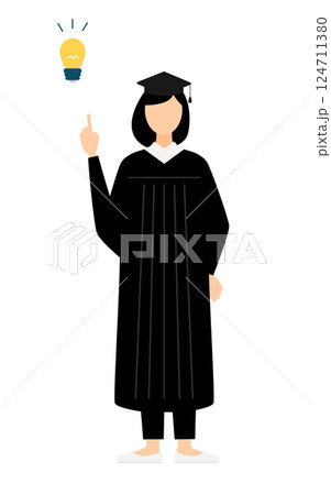 卒業ガウンを着て角帽をかぶったアジア人の女子卒業生がアイデアをひらめくシンプルなイラスト 卒業ガウンを着て角帽をかぶったアジア人の女子卒業生がアイデアをひらめくシンプルなイラスト 124711380