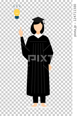 卒業ガウンを着て角帽をかぶったアジア人の女子卒業生がアイデアをひらめくシンプルなイラスト 卒業ガウンを着て角帽をかぶったアジア人の女子卒業生がアイデアをひらめくシンプルなイラスト 124711380