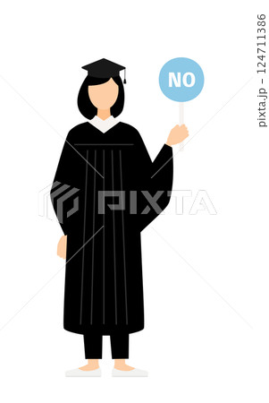 卒業ガウンを着て角帽をかぶったアジア人の女子卒業生がノーの棒を持つシンプルなイラスト 124711386