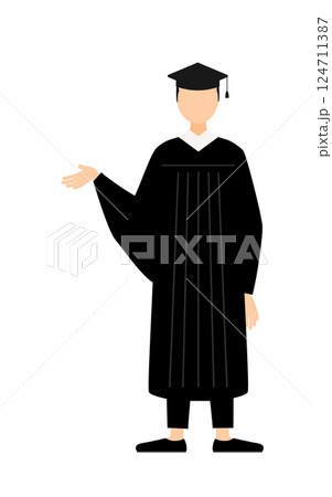 卒業ガウンを着て角帽をかぶったアジア人の男子卒業生が話しているシンプルなイラスト 124711387