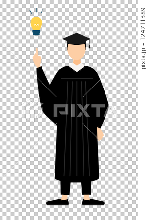 一位身穿畢業服、頭戴學位帽的亞洲男性畢業生正在構思一個想法 一位身穿畢業服、頭戴學位帽的亞洲男性畢業生正在構思一個想法 124711389
