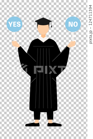 一位身穿畢業服、頭戴學位帽、手拿“是”或“否”標語的亞洲男性畢業生的簡單插圖 124711394