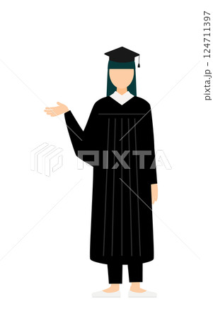 卒業ガウンを着て角帽をかぶったアジア人の女子卒業生が話しているシンプルなイラスト 124711397