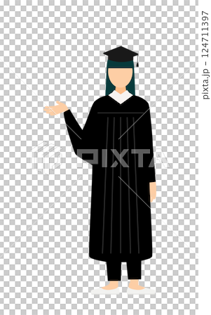 卒業ガウンを着て角帽をかぶったアジア人の女子卒業生が話しているシンプルなイラスト 124711397