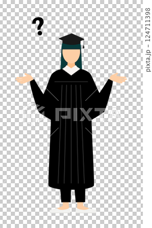 A simple illustration of an Asian female graduate wearing a graduation gown and a mortarboard having a question A simple illustration of an Asian female graduate wearing a graduation gown and a mortarboard having a question 124711398