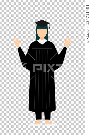 卒業ガウンを着て角帽をかぶったアジア人の女子卒業生が手をあげて驚いているシンプルなイラスト 124711401