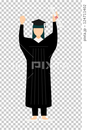一位身穿畢業服、頭戴學位帽、手拿畢業證書的亞洲女畢業生的簡單插圖 124711402