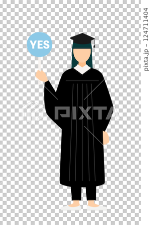 A simple illustration of an Asian female graduate wearing a graduation gown and mortarboard holding a Jesus stick 124711404