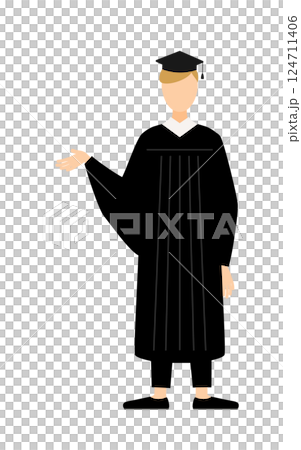 A simple illustration of a Caucasian male graduate wearing a graduation gown and a mortarboard talking 124711406