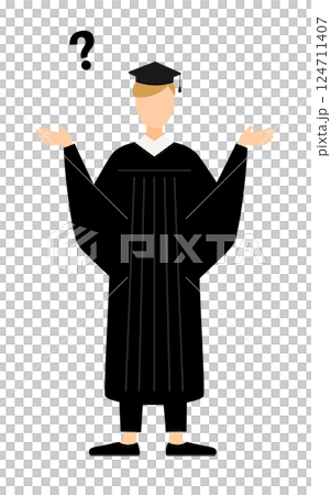 A simple illustration of a Caucasian male graduate wearing a graduation gown and a mortarboard having a question A simple illustration of a Caucasian male graduate wearing a graduation gown and a mortarboard having a question 124711407