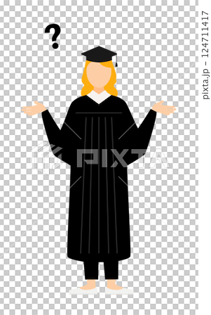 卒業ガウンを着て角帽をかぶった白人の女子卒業生が疑問を持つシンプルなイラスト 124711417