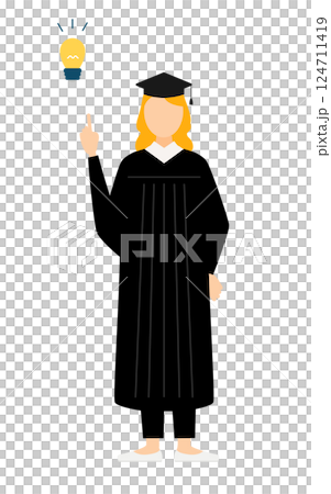 A simple illustration of a Caucasian female graduate wearing a graduation gown and a mortarboard coming up with an idea 124711419