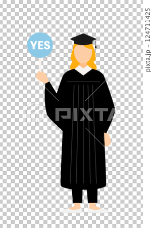 卒業ガウンを着て角帽をかぶった白人の女子卒業生がイエスの棒を持つシンプルなイラスト 124711425
