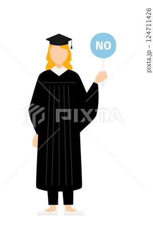 卒業ガウンを着て角帽をかぶった白人の女子卒業生がノーの棒を持つシンプルなイラスト 124711426