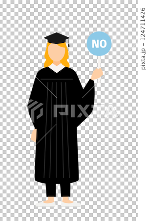 卒業ガウンを着て角帽をかぶった白人の女子卒業生がノーの棒を持つシンプルなイラスト 124711426