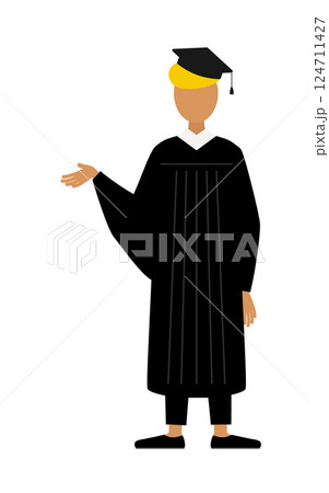 卒業ガウンを着て角帽をかぶった黒人の男子卒業生が話しているシンプルなイラスト 124711427