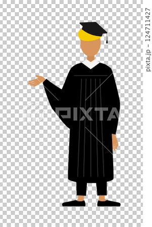 卒業ガウンを着て角帽をかぶった黒人の男子卒業生が話しているシンプルなイラスト 124711427