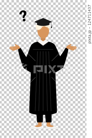 A simple illustration of a black female graduate wearing a graduation gown and a mortarboard having a question A simple illustration of a black female graduate wearing a graduation gown and a mortarboard having a question 124711437