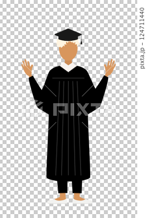 一位身穿畢業服、頭戴學位帽的黑人女畢業生驚訝地舉起手的簡單插圖 124711440