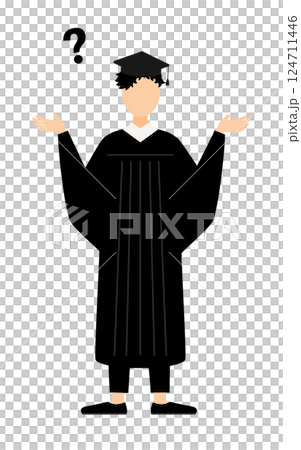 A simple illustration of an Asian male graduate wearing a graduation gown and a mortarboard having a question A simple illustration of an Asian male graduate wearing a graduation gown and a mortarboard having a question 124711446