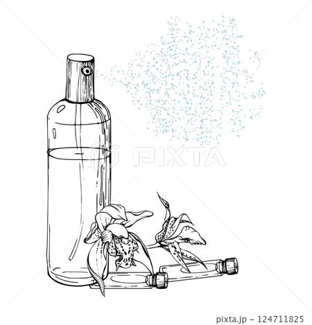 Sprayed mist moisturizer cleanser bottle perfume cologne samplers, exotic orchid flowers. Line vector hand drawn ink sketch, isolated composition. Beauty parlor illustration, packaging cosmetics shop. Sprayed mist moisturizer cleanser bottle perfume cologne samplers, exotic orchid flowers. Line vector hand drawn ink sketch, isolated composition. Beauty parlor illustration, packaging cosmetics shop. 124711825
