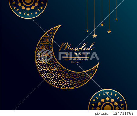 islamic style mawlid al nabi wishes card in golden theme 124711862