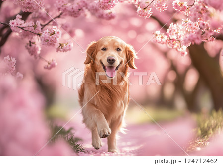 ペットと年中行事 | お花見（ゴールデンレトリバー） 124712462