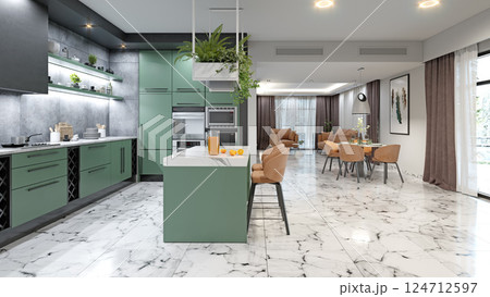 Modern kitchen with green cabinets, Modern kitchen with green cabinets, 124712597
