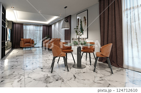 Open-plan dining and living space with orange chairs, round table, 124712610