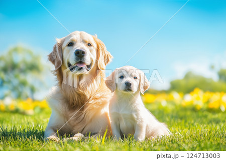 ゴールデンレトリバーの親子と青空 ゴールデンレトリバーの親子と青空 124713003
