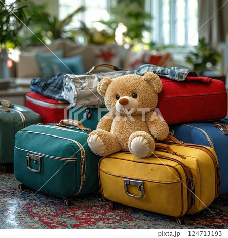 Cozy travel adventure: luggage and teddy bear in sunlit room for kids' vacation dream 124713193