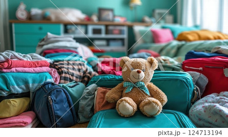 Cozy travel preparation scene with teddy bear and luggage in bright bedroom setting for family vacation inspiration 124713194