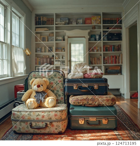 Cozy vintage travel vibe: retro suitcases and teddy bear in sunlit room for home decor and travel inspiration 124713195