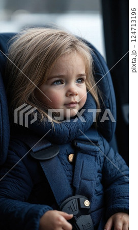 Cozy winter journey: adorable child in blue jacket safely strapped in car seat 124713196