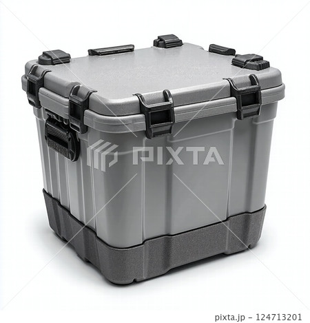 Durable silver storage box with secure latch design for outdoor gear and equipment safekeeping 124713201
