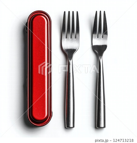 Modern culinary essentials: red compact utensil set with stainless steel forks for outdoor adventure and compact kitchens Modern culinary essentials: red compact utensil set with stainless steel forks for outdoor adventure and compact kitchens 124713218