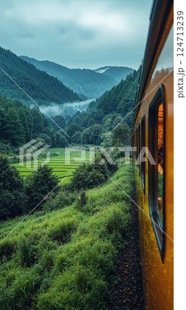 Serene train journey through lush green japanese countryside with mountain views 124713239