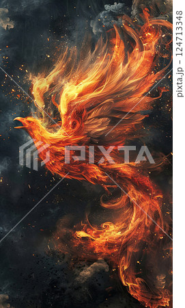 Artistic depiction of a phoenix in flames against a dark background. Generate AI 124713348
