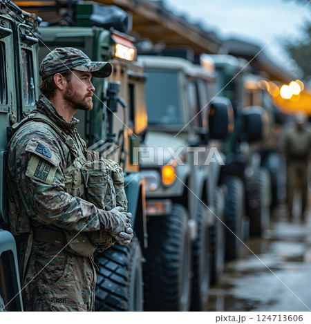 Military readiness: soldier in camouflage beside armored vehicles during twilight mission 124713606
