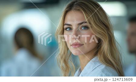 Professional woman in lab coat with serene expression in a scientific workspace 124713609