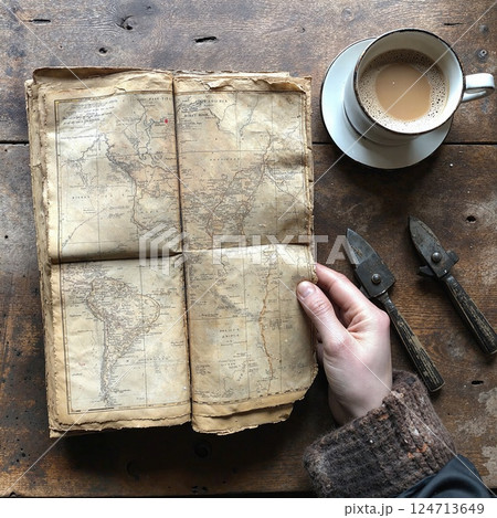 Vintage exploration theme with antique map, rustic table, and coffee for travel inspiration Vintage exploration theme with antique map, rustic table, and coffee for travel inspiration 124713649