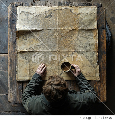 Vintage exploration theme with old map and coffee on rustic table - adventure concept Vintage exploration theme with old map and coffee on rustic table - adventure concept 124713650