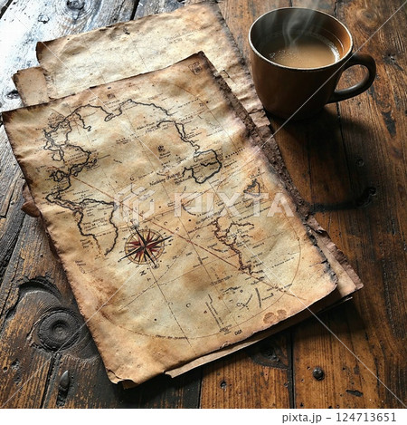 Vintage nautical map and steaming coffee on rustic wooden table - adventure travel theme Vintage nautical map and steaming coffee on rustic wooden table - adventure travel theme 124713651