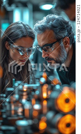 Caucasian male and female scientists focused on laboratory experiment with optics equipment 124714021