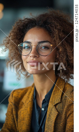 Confident young african female professional with glasses in stylish brown blazer smiling Confident young african female professional with glasses in stylish brown blazer smiling 124714038