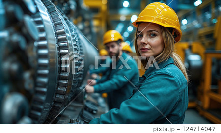 Female caucasian industrial worker in hard hat operating machinery in factory setting 124714047