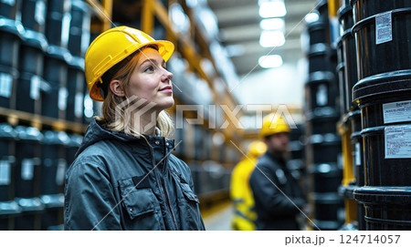 Female worker in industrial warehouse wearing safety gear and observing stacked containers 124714057